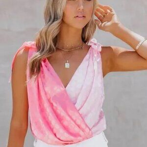 Strut & Bold Pink Polka Dot Satin Tie Shoulder Wrap Bodysuit Feminine Sweet Med